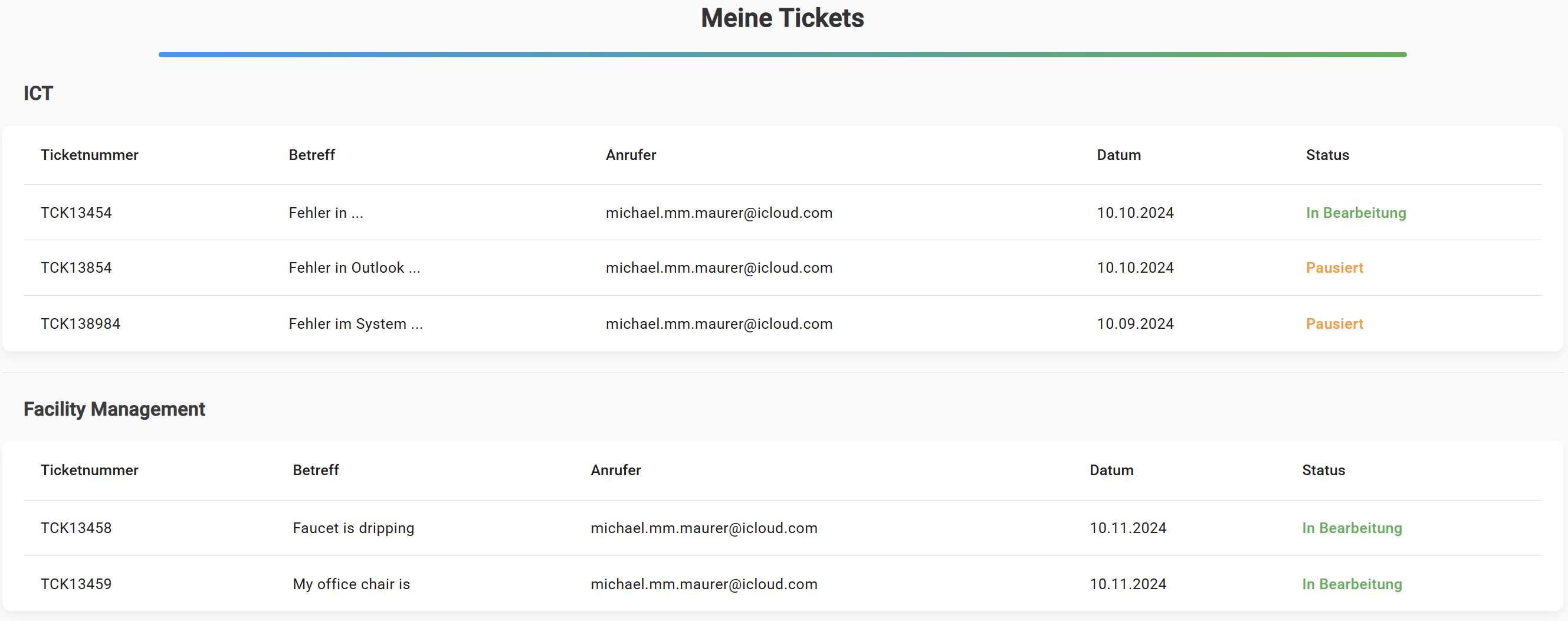 Ticketauflistung Beispiel